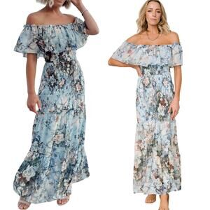 Baltic Born Amalfi Floral Gown Maxi Dress Smocked Off Shoulder Blue NEW XL